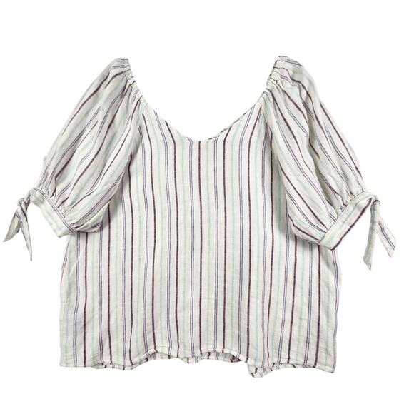 Zac & Rachel Linen Blend Peasant Blouse Women ‘s SZ L Cream Multicolor Striped - Picture 2 of 14